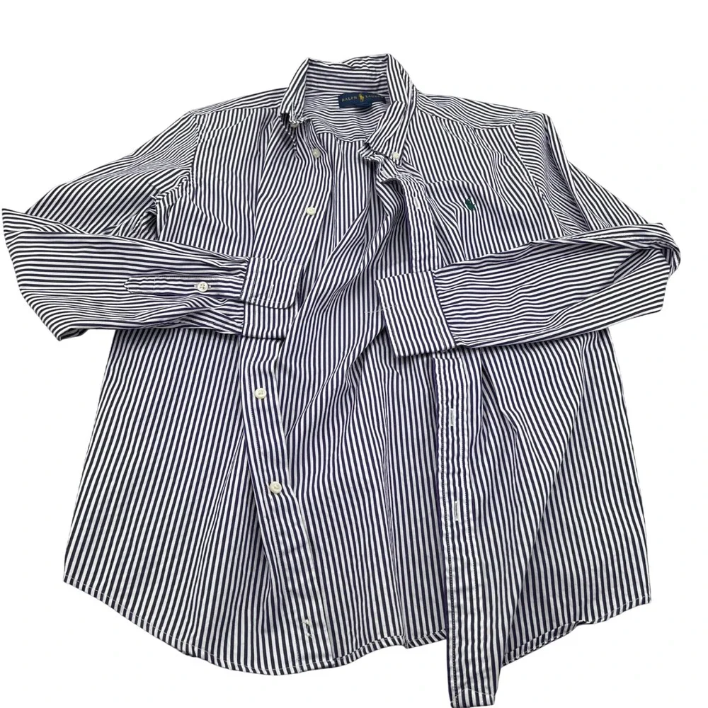 Ralph Lauren Boys XL 18-20 Navy White Striped Button Down Shirt Long Sleeve Pony